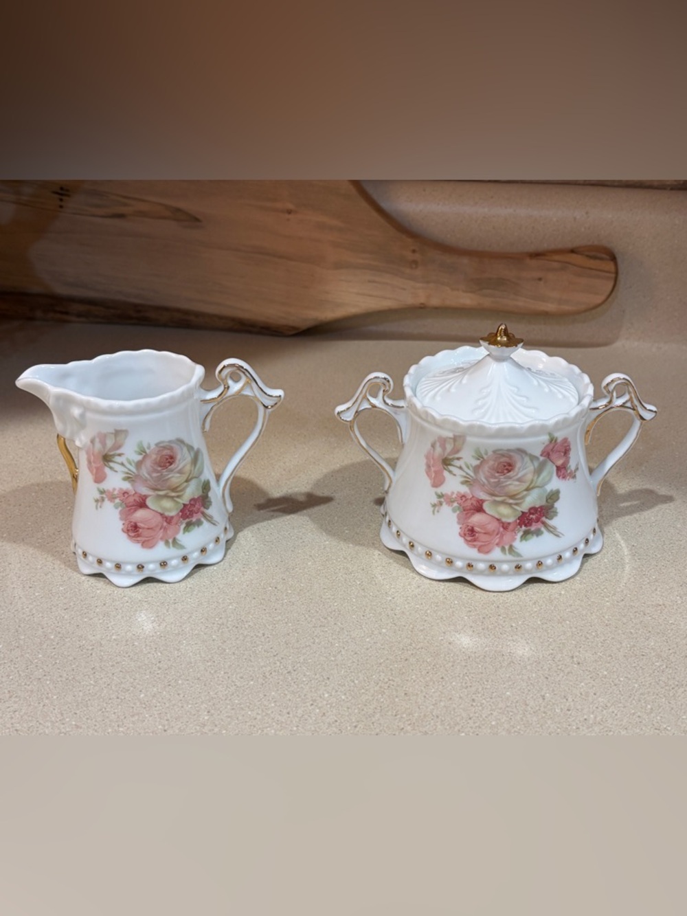 Vintage Floral Porcelain Sugar and Creamer Set with Gold Trim
